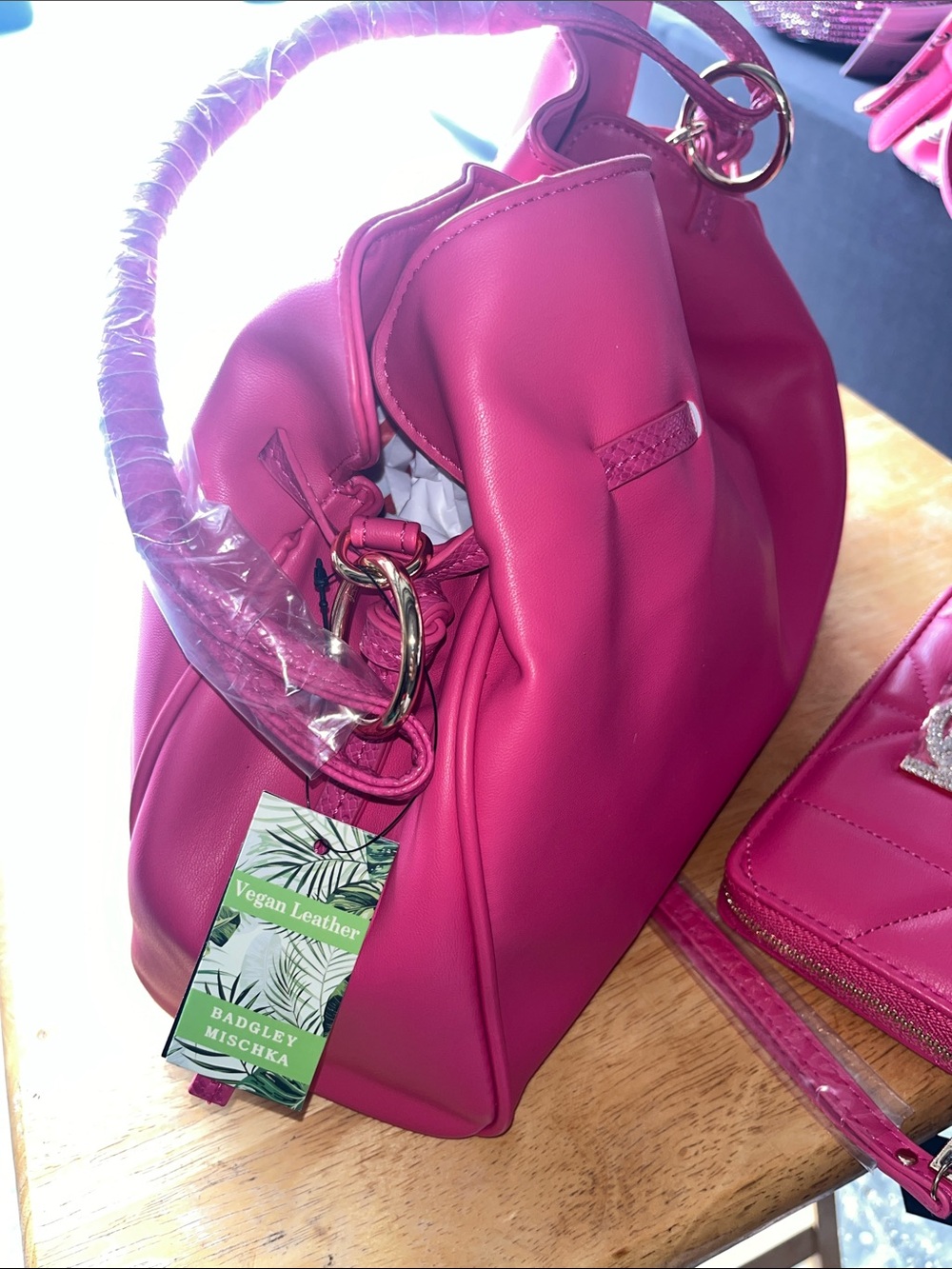 bebe Hot Pink Quilted Wallet and Drawstring Shoulder Bag Set - Picture 5 of 5